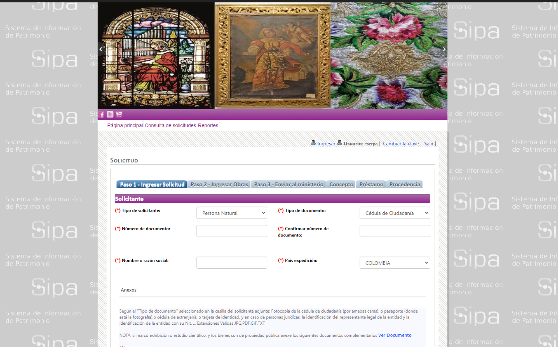 SIPA legacy platform showing outdated heritage management interface before redesign